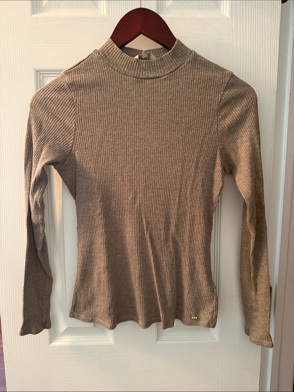 Ted Baker Taupe Ribbed Mock Neck Long-Sleeve Top